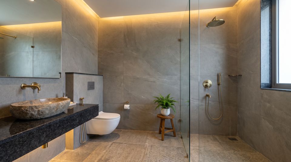 Concept: bathroom with stone-look tiles and a vessel basin