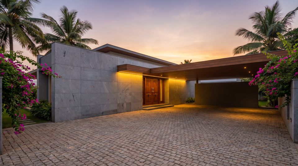 Concept: villa entrance with granite cladding and stone driveway