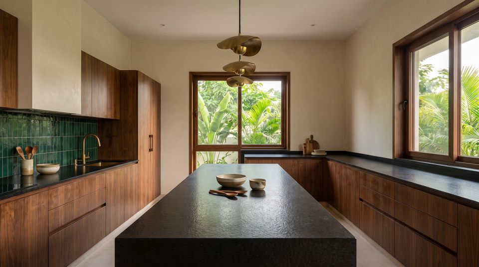Concept: kitchen with black leathered granite counters