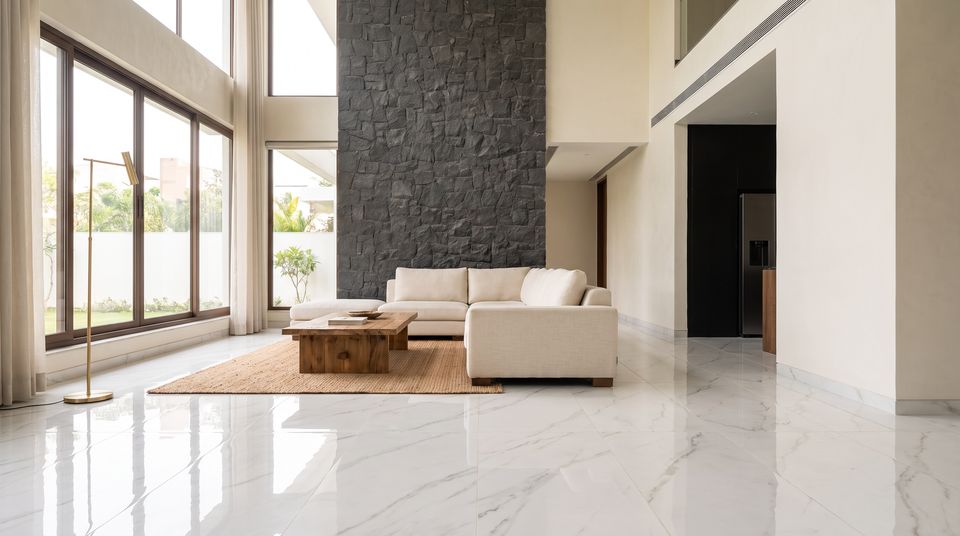 Concept: living room with large-format marble-look floor