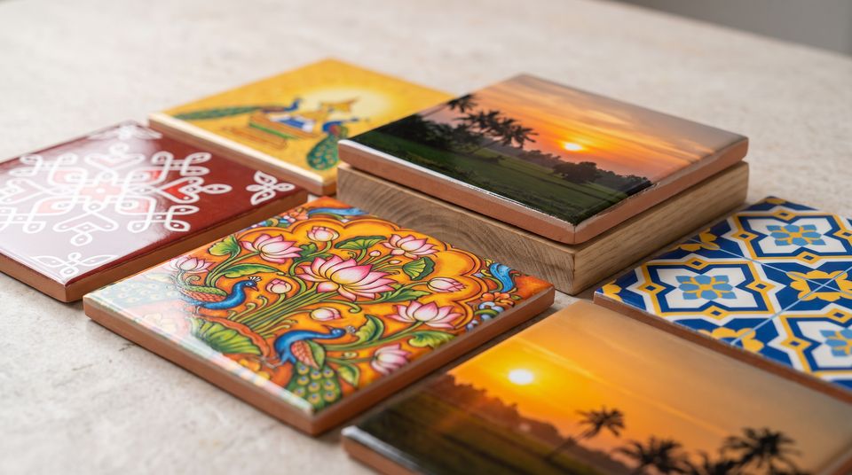 Concept: printed tiles with kolam, Kerala mural, sunset and Chettinad designs