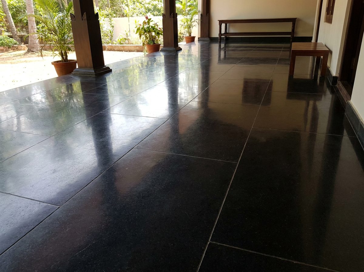 Polished black Kadappa stone floor on a verandah