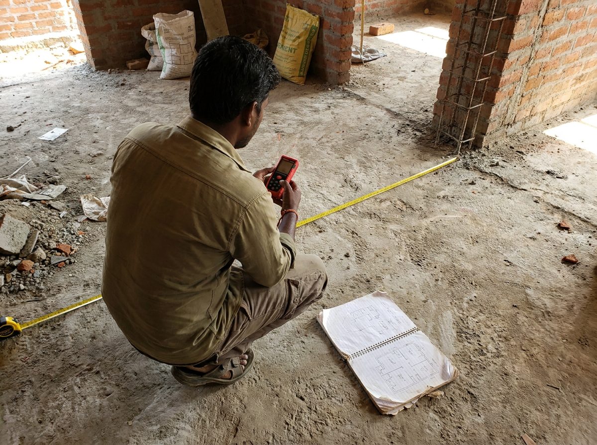 Site supervisor measuring a floor with a laser meter before tiling