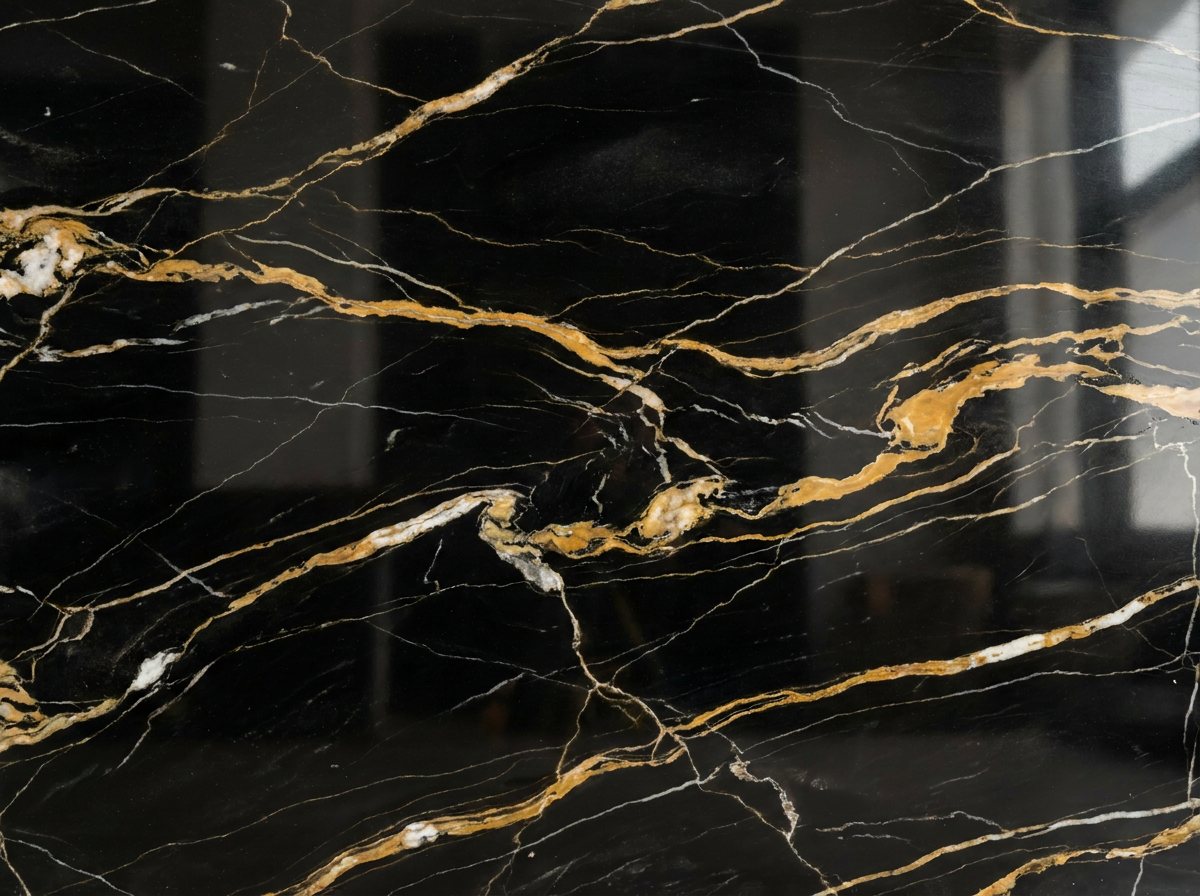 Polished black marble with bold gold and white veining