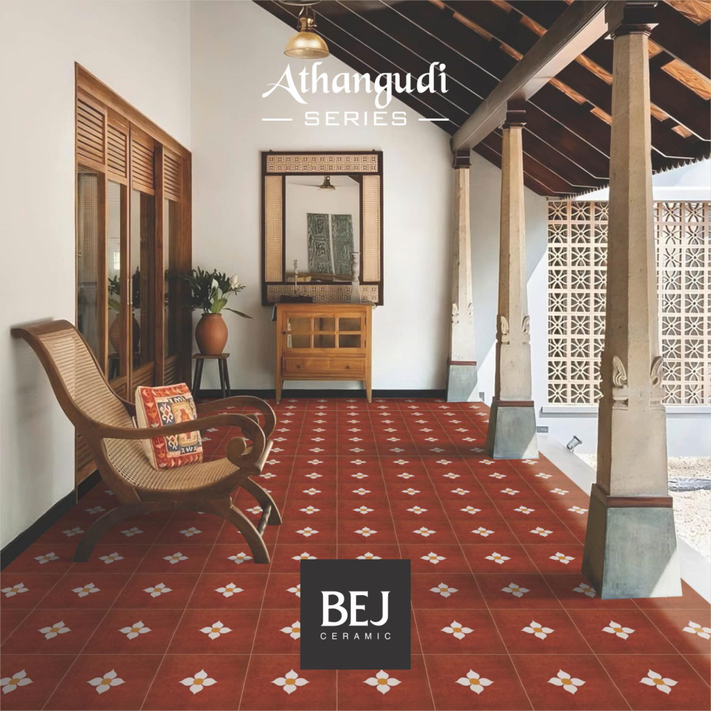 Athangudi Series Petal Red tile laid in a traditional veranda