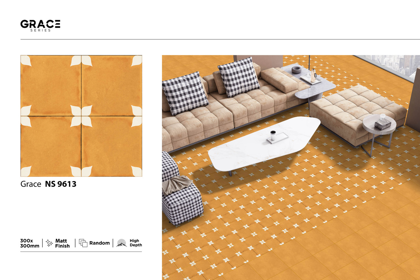 Grace Series NS 9613 mustard tile with cross-petal motif in a living room floor